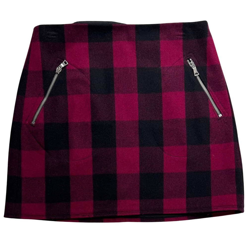 Gap Womens Red Black Buffalo Plaid Wool Blend Mini Zip Skirt size 4 preppy